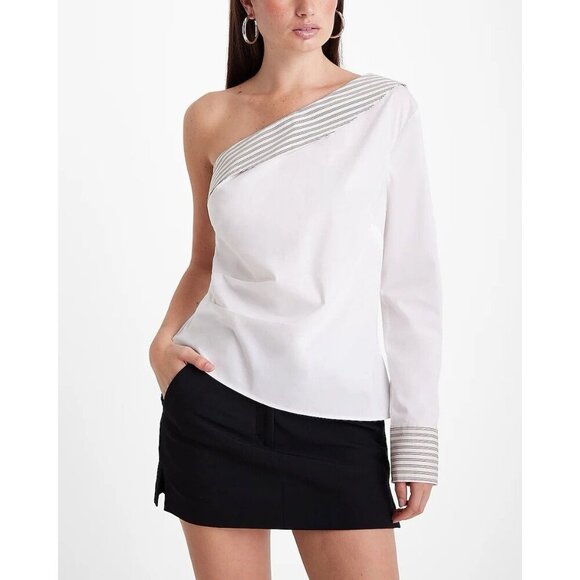 Express Women's Poplin Striped Collar One Shoulder Draped Top Size XL - NWT $68 - Picture 1 of 16